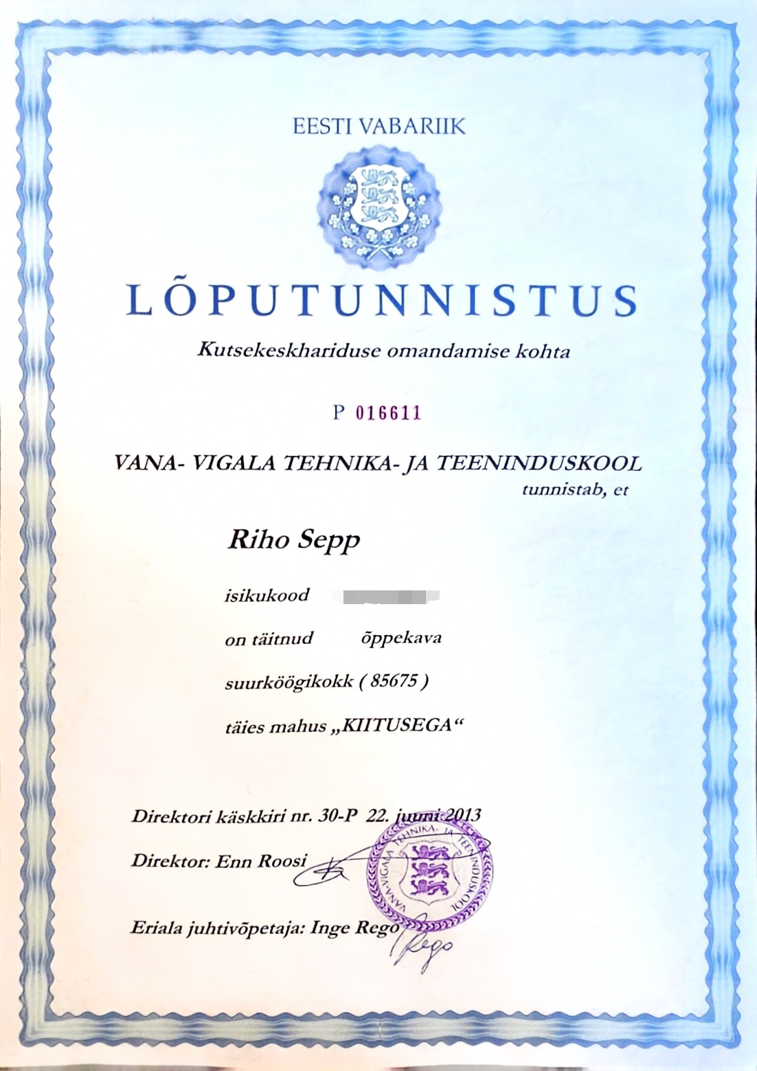 Suurköögikoka lõputunnistus