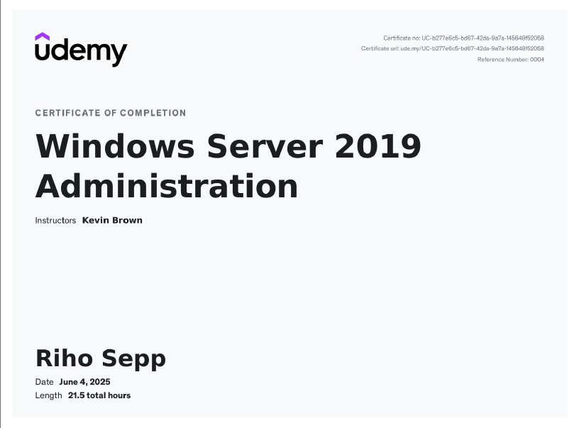 Windows Server 2019 Administration Udemy sertifikaat